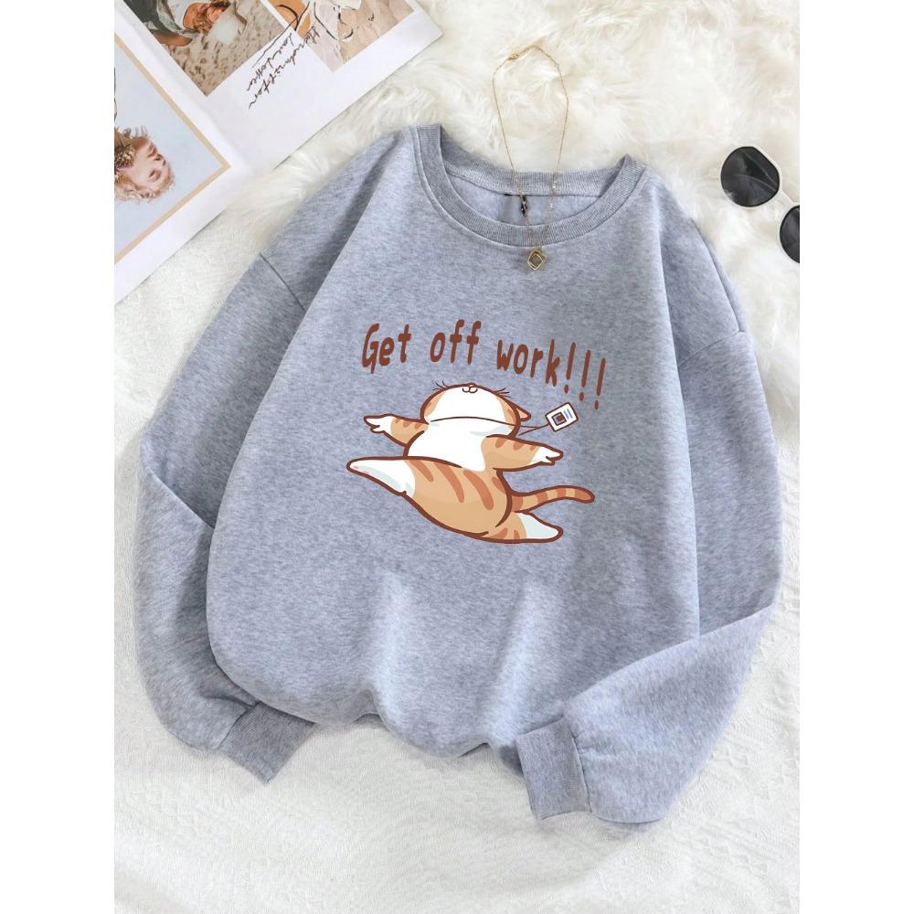 Get Off Work Happy Cat Prints Hoodies Women Winter Basics Pullovers Fleece Warm Soft Sweatshirts Woman Autumn Clothes