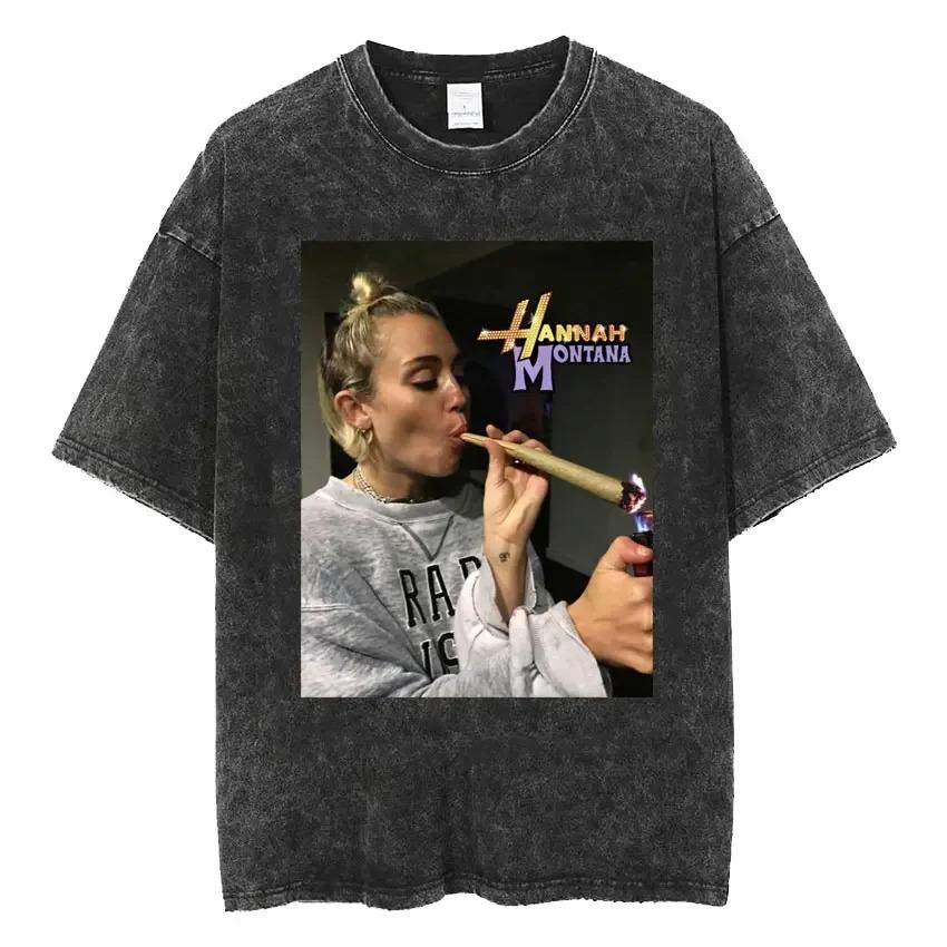 Retro Hannah Montana Mosott Póló Férfiaknak és Nőknek Tiszta Pamut Nyári Ruházat Divatos Alkalmi Rövid Ujjú Póló Streetwear