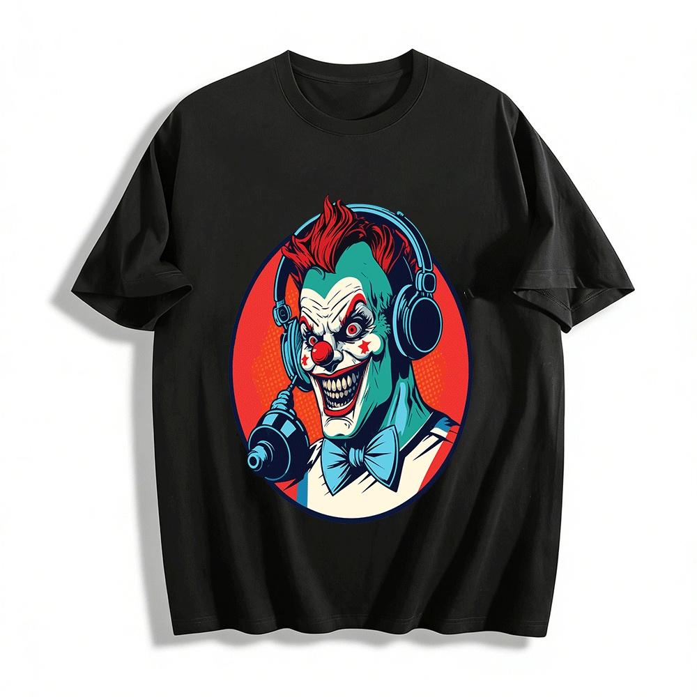 Scary DJ Clown Print Cool Streetwear Short Sleeve T-Shirt Pure Cotton T-shirt