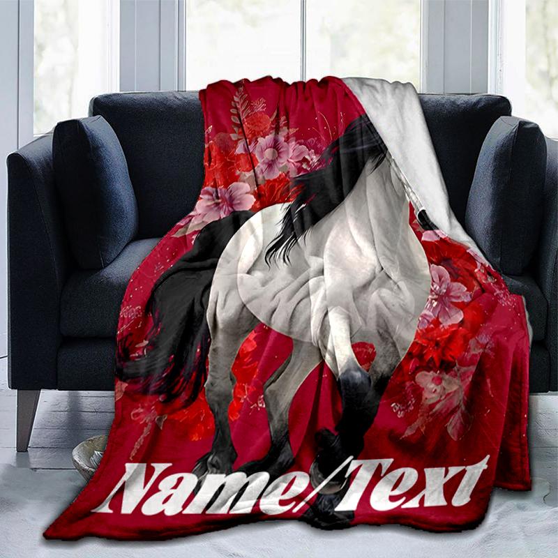 1PC Custom Name Horse Art Flowers Outdooor Flannel Blankets Throw Blanket All-Season Throw Gift Bedspread for Couch, Bed, Camping Holiday Birthday Gif