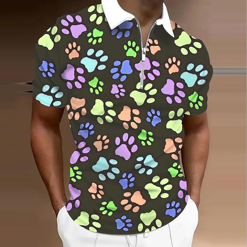 Erkek Gömlek Polo Günlük Fermuarlı Kısa Kollu Moda Günlük Fermuarlı Yaz İlkbahar Normal Kesim 3D Köpek Pençesi Baskılı Gömlek