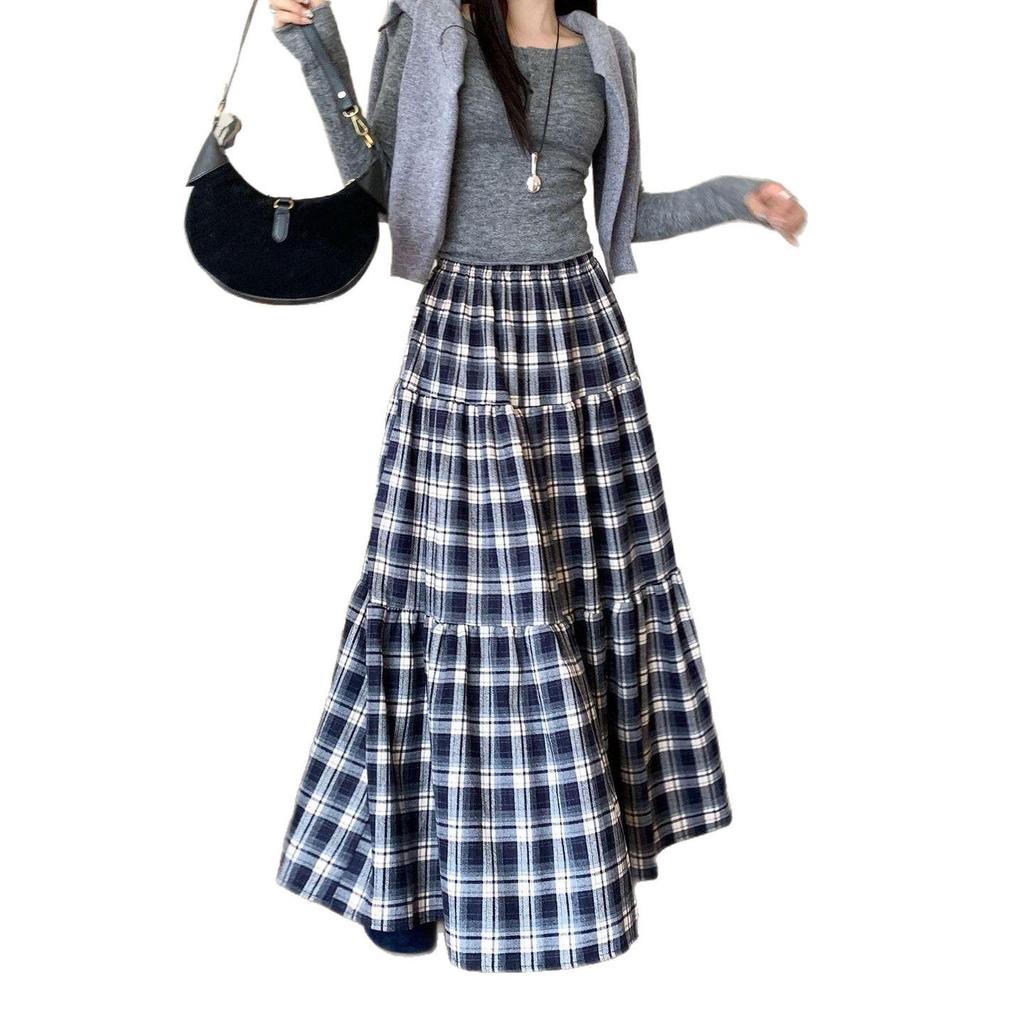 2025 Damen Retro Karomuster Hoher Bund A-Linie Patchwork Schlankmachend Mittellanger Rock