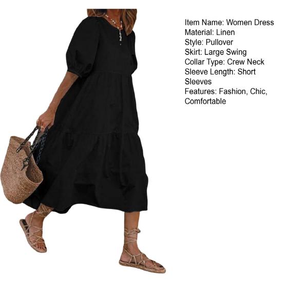 Yousheng Women's Summer Midi Dress Short Lantern Sleeves Crew Neck Linen Dress Loose Casual Boho Beach Sundress