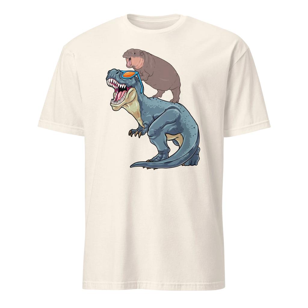 Moo Deng Shirt Baby Hippo Riding Dinosaur T Rex Pygmy Hippo T-Shirt Size S-3XL