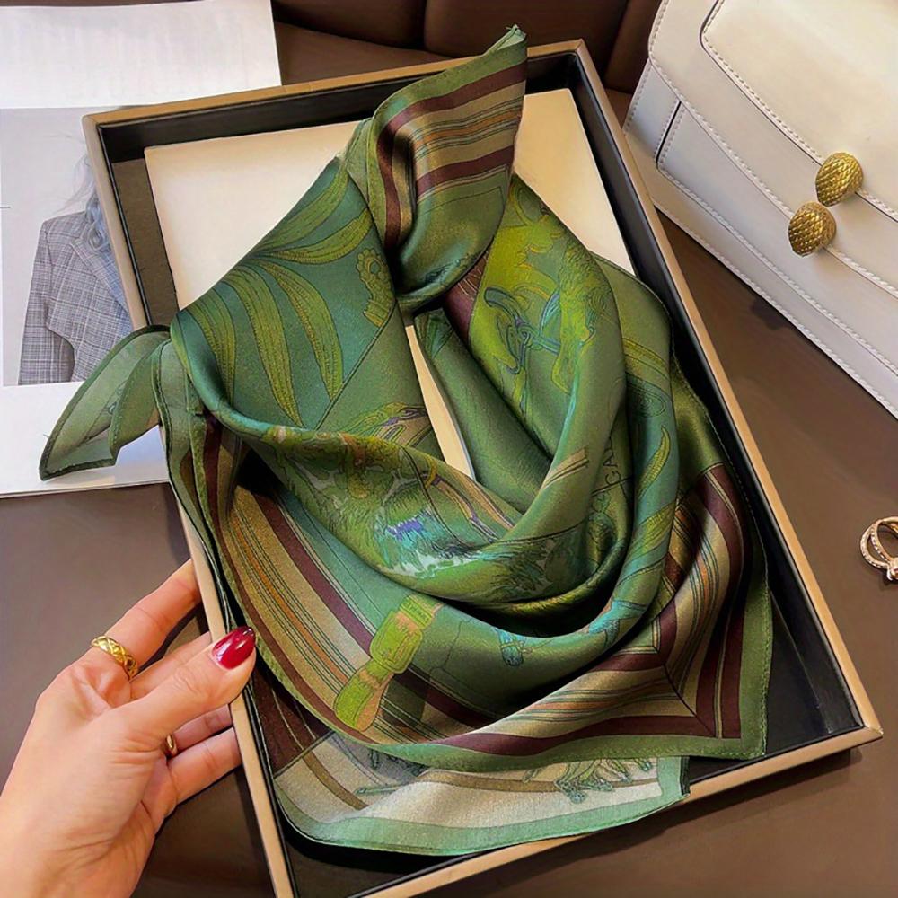 26.77" Grün bedruckter quadratischer Schal Simulierte Seide Dünner Satin Halstuch Eleganter Stil Professioneller dekorativer kleiner Schal für Damen