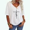 Women Fashion Cross Print T-shirt Loose V Collar Top Ladies Casual Short Sleeve Tee Shirt