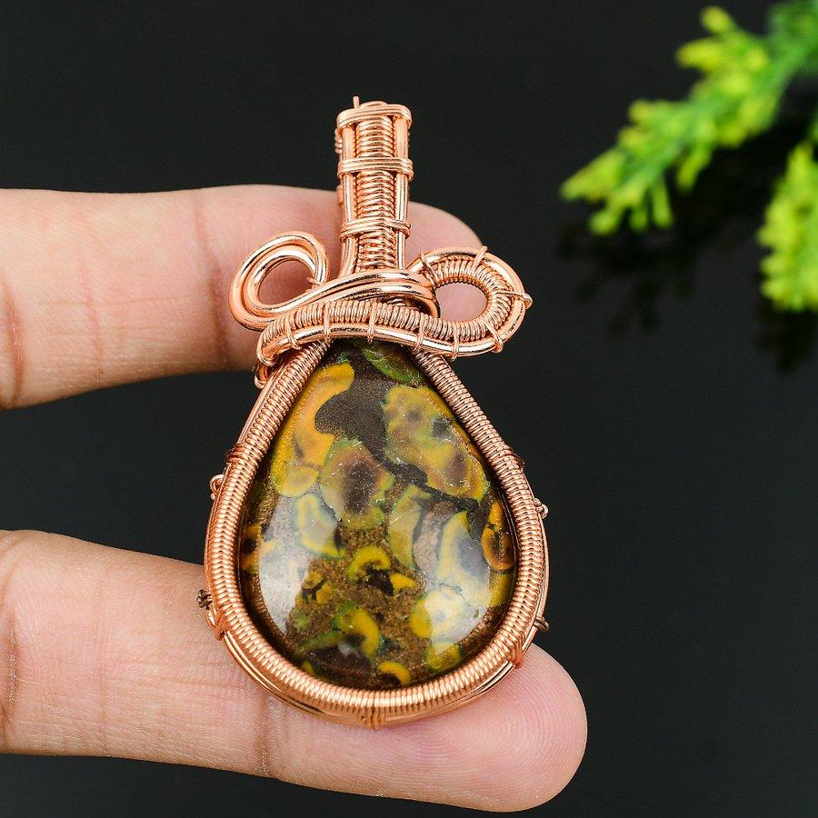Natural Bamboo Jasper Gemstone Handmade Copper Wire Wrap Pendant 2.56 Y5n93