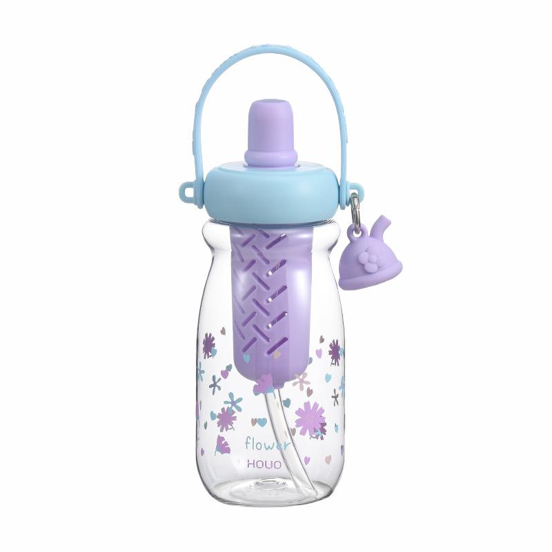 Water bottle new dopamine plastic cup girls cute tea separation flower teacup outdoor sports men's and women's rope straw cup