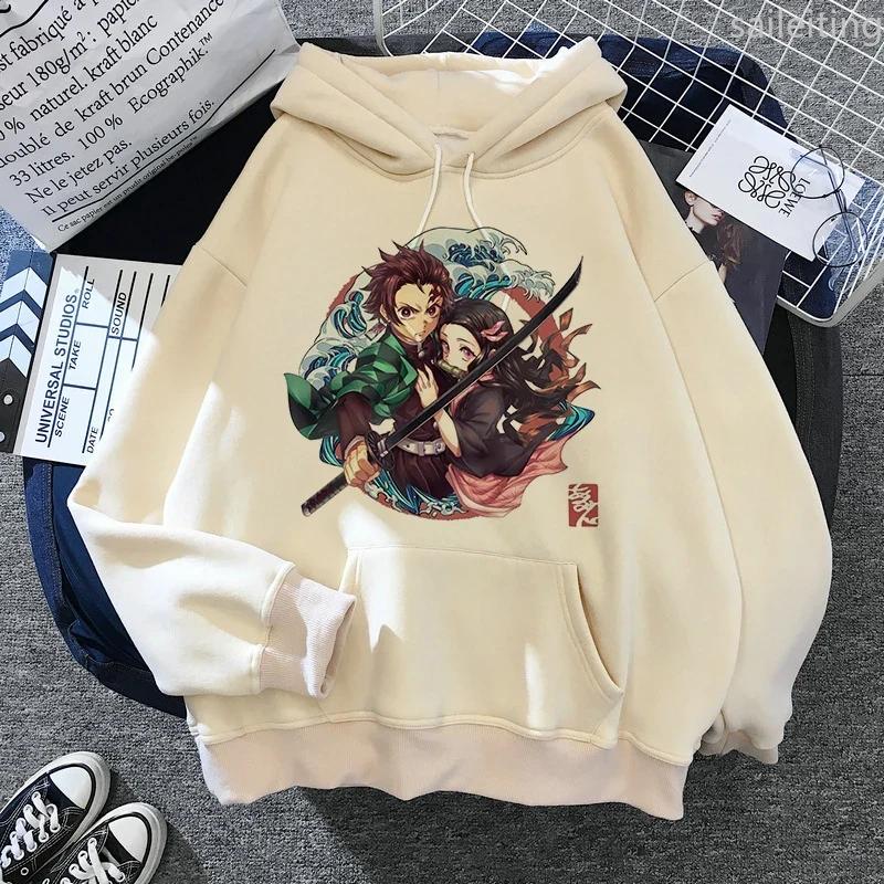 Japonské Anime Demon Slayer Mikiny Japonské Bežné Mikiny s Klokaním Vreckom Harajuku Kreslené Manga Khaki Pulóvre Estetické Oblečenie