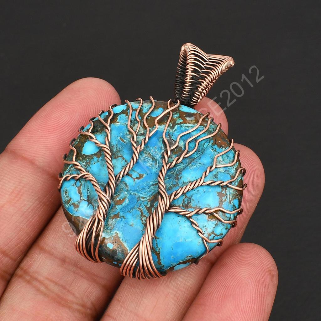 Turquoise Gemstone Tree of Life Wire Wrapped Pendant Handmade Copper Pendant Gift for Women Men