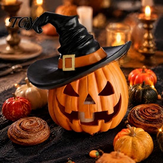 Beschwerte Vollharzfiguren Halloween Kürbis Ornament mit Hexenhut, Jack O Lantern Dekorative Lampe, Gruselige Skript Killing Requisiten Spooky