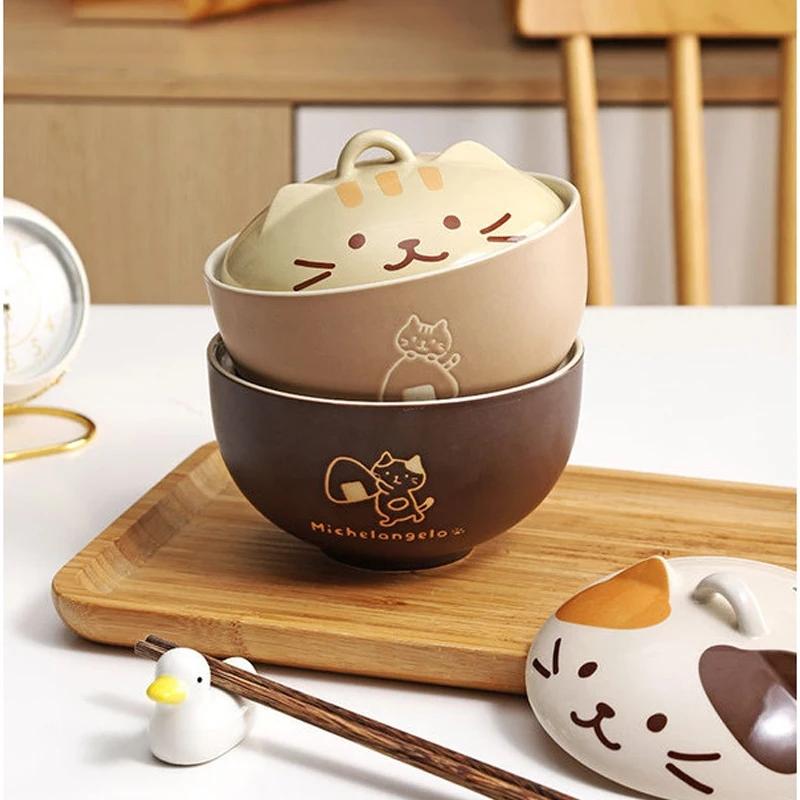 550ml Cartoon Cat Ceramic Instant Noodle Bowl With Lid Underglaze Color Soup Salad Bowl Kitchen Office Student Lunch Box 1pcs