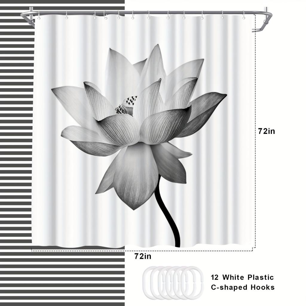 Black And White Shower Curtain Lotus Floral Shower Curtain 72X72Inch Polyester Fabric Bathroom Decor