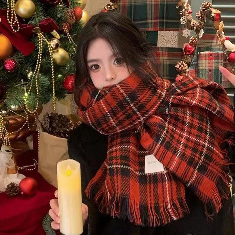 Red Christmas Scarf Women's Winter High-end Atmosphere Plaid Scarf New Year's Gift Autumn and Winter 1116 New Models