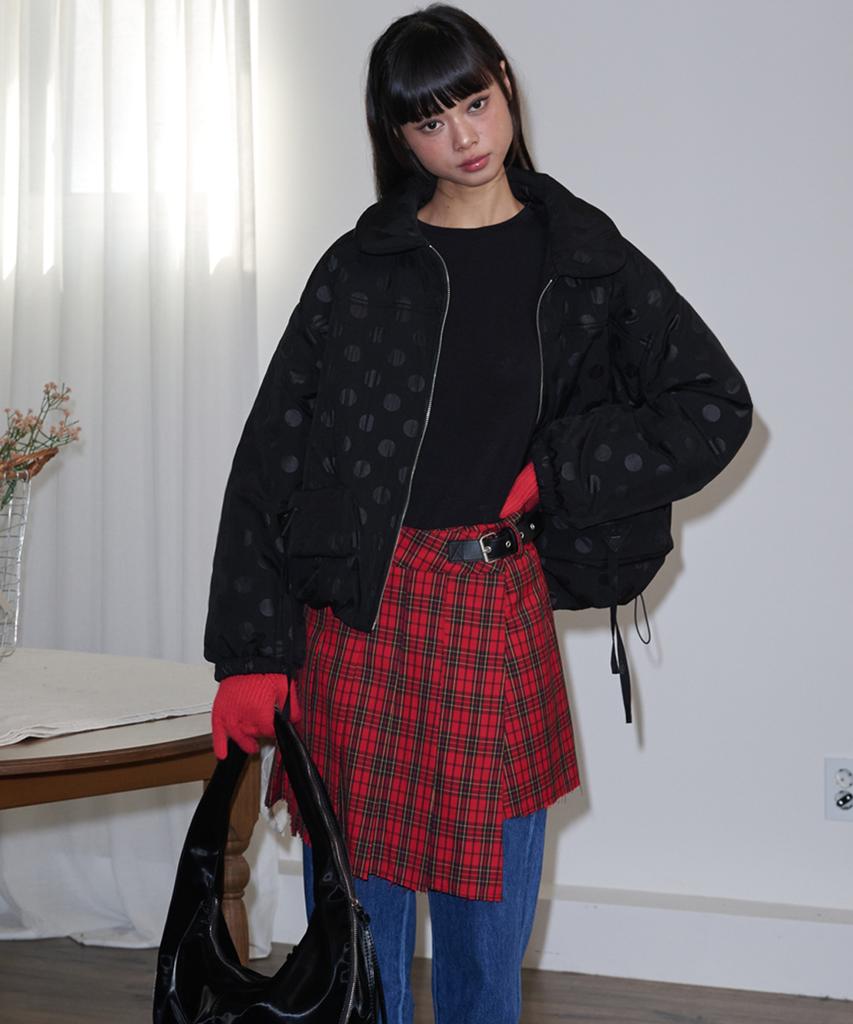 Opening Sunshine Buckle Pleated Check Wrap Mini Skirt_Red