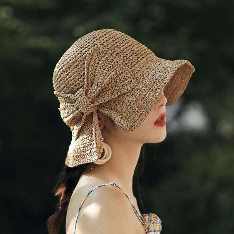 100% Raffia Schleife Sonnenhut Breite Krempe Schlapphüte Damen Strand Panama Stroh Kuppel Eimerhut