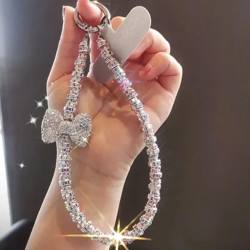 Kort met Diamanten Bezette Strik Mobiele Telefoon Lanyard Polsbandje Glanzende Lanyard IPhone 16 Hoes Sleutel Universeel Touw Tas Body Kit Sieraden