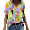 Women's T-shirt Cartoon Cat Print Summer Short Sleeve V-Neck Kawaii Fashion Casual Tee Shirts With Cat Funny Femininity Clothing EMA