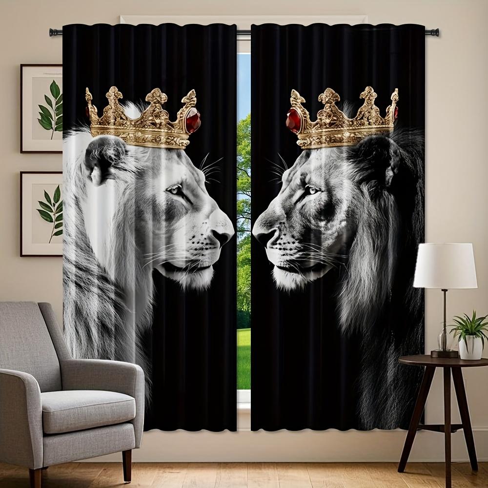 2pcs Crown Tiger Lion Style Door Curtains - High-Quality Polyester, Machine Washable, Rod Pocket Easy Install, Semi-Translucent
