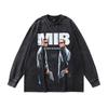 American High Street Retro Long-Sleeved T-Shirt White Ink Direct Spray Print Heavy Cotton Washed Crew Neck Sweatshirt Men'S Ins