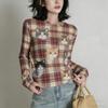 Europe America Fashion Grid Print Women's T-shirt Casual Pullover Women Long Sleeve Clothing Outdoor Casual Tees Top