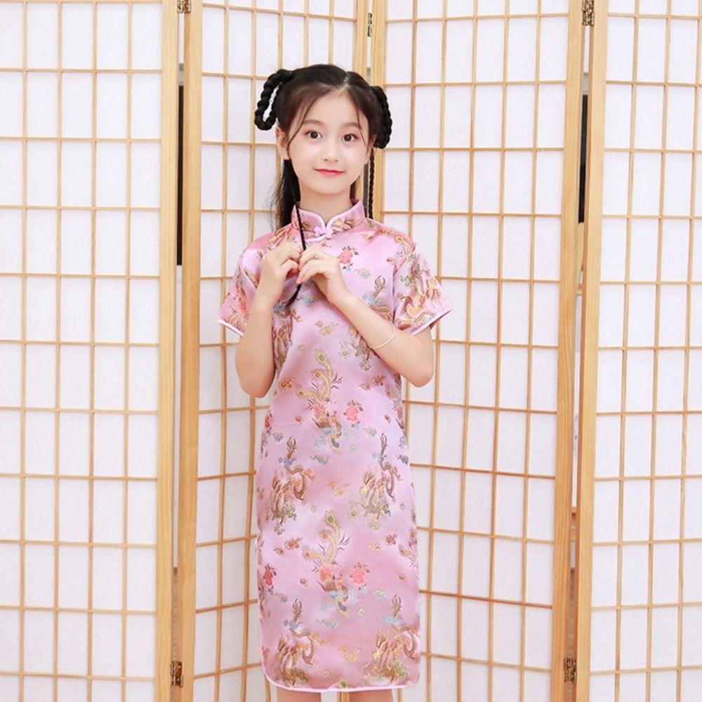 Dragon Phoenix Pattern Niche Design Autumn Silk Chinese Style Dress Girls Skirt Kids Traditional Dress Qipao Girls Cheongsam