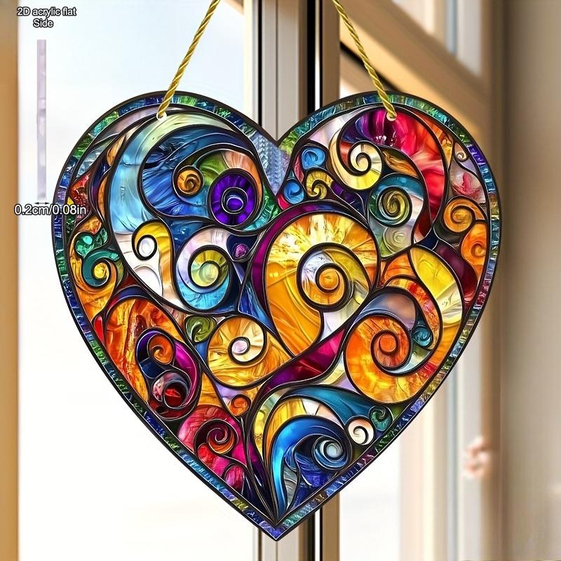 Abstraktes Buntes Spiralmuster, Acryl Herzförmige Fensterdekoration, Gartenhof Heimdeko Kunst, Kinderzimmer, Vintage Heimdeko Wand für