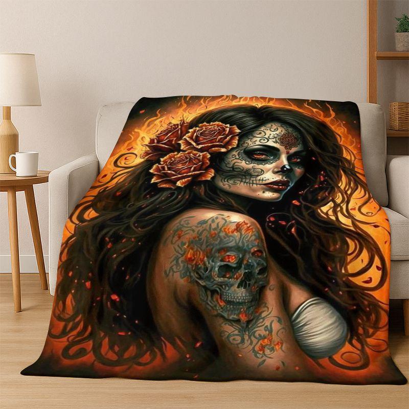 Gotische Schädel Tote Mädchen Cartoon Horror Flanelldecke Weich Warm Überwurfdecke für Schlafzimmer Wohnzimmer Bett Reise Camping Picknick