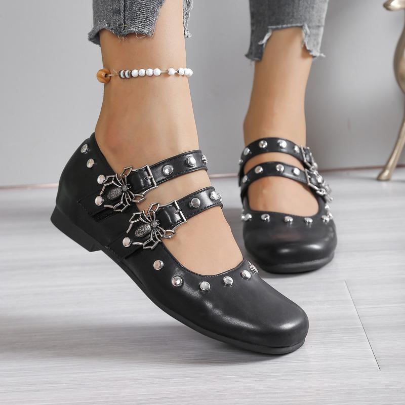 Fashion Vintage Rivet Mary Jane Shoes Women's Autumn New Round Toe Shallow Mouth Metal Buckle Soft Sole Non-slip Wear-resistant Flats