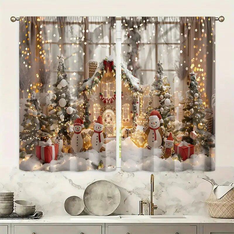 2 Stück - Weihnachtsferien Weihnachts-Schneemann und Weihnachtsbaum-Muster bedruckte Vorhänge Heimdekoration Zimmerdekoration
