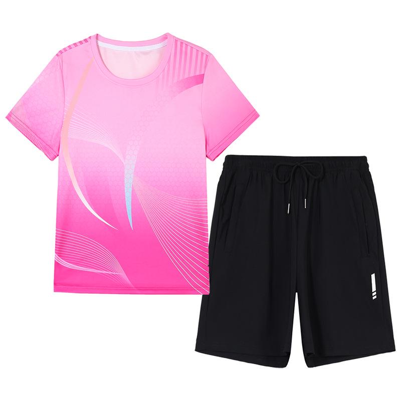 Damen Schnelltrocknender Eisseiden-Sportanzug für den Sommer - Kurzarm-Oberteil und Shorts für Tischtennis, Laufen, Badminton-Training und Fitness.