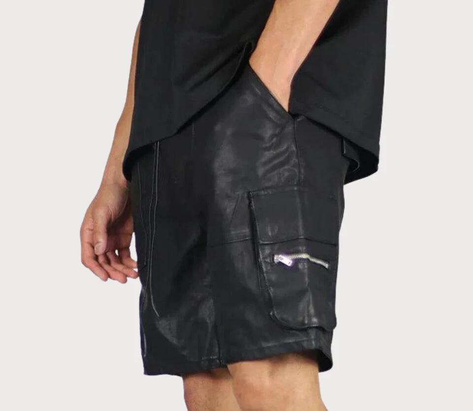 Black Men Gym Short Pants Boxer Genuine Lambskin Sports Leather Casual Stylish
