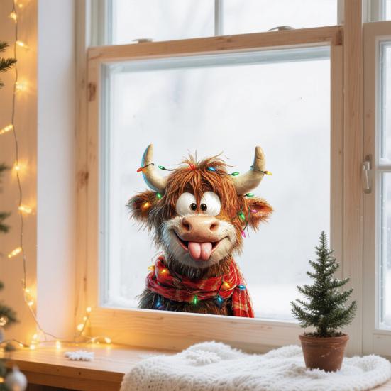 4Pcs/Set Christmas Highland Cow Window Cling Removable Waterproof Santa Hat Highland Cattle Static Glass Sticker Holiday Party Decoration Decal