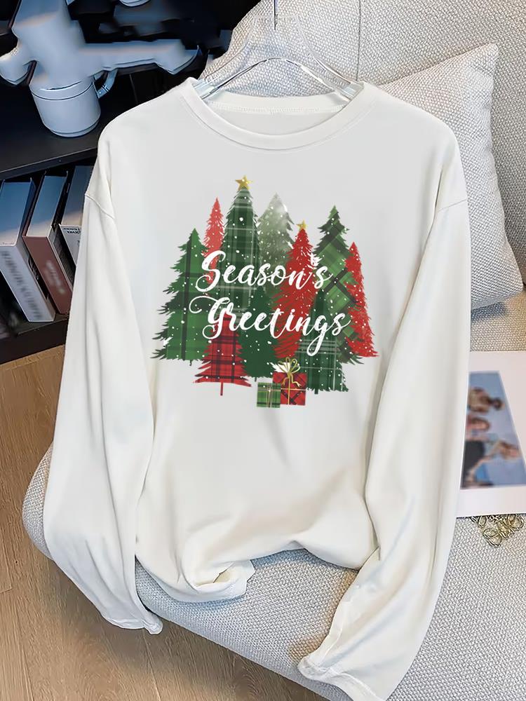 (Asian Size) Bow Tree Style Print T Shirt Christmas New Year Graphic Tee Women Autumn Winter Casual Fashion Top Clothing  Long Sleeve T-shirts