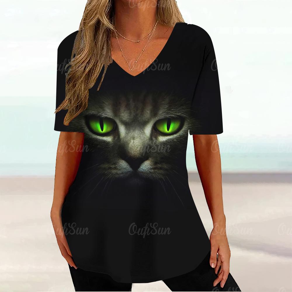 Kawaii Cat Graphic T Shirt For Women Painting Print Harajuku Short Sleeve Tops Summer V-Neck Pullover Female Loose Clothing Tees