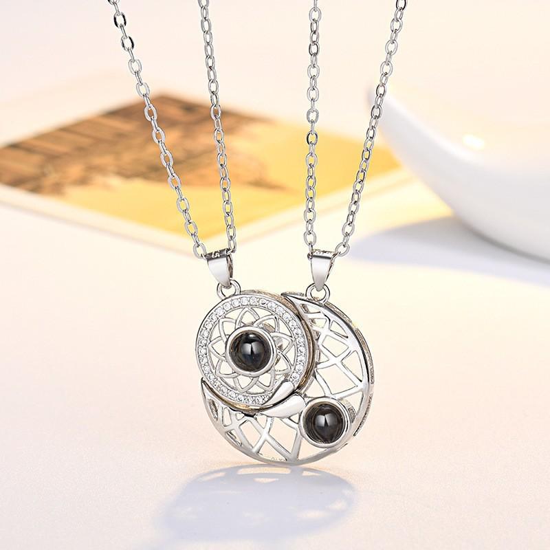 Sun Moon Heart Projection Necklace Set - Unique Pendant Design for Couples