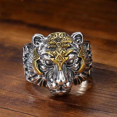 Luxurious Adjustable Retro 925 Silver Tiger Head Men's Ring - Bold Hip-Hop Style