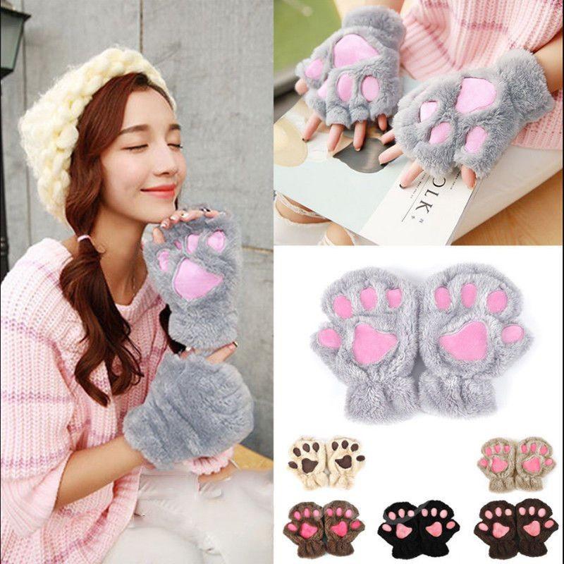 Cute Cat Paw Gloves Winter Warm Touchscreen Half Finger Mittens For Girls