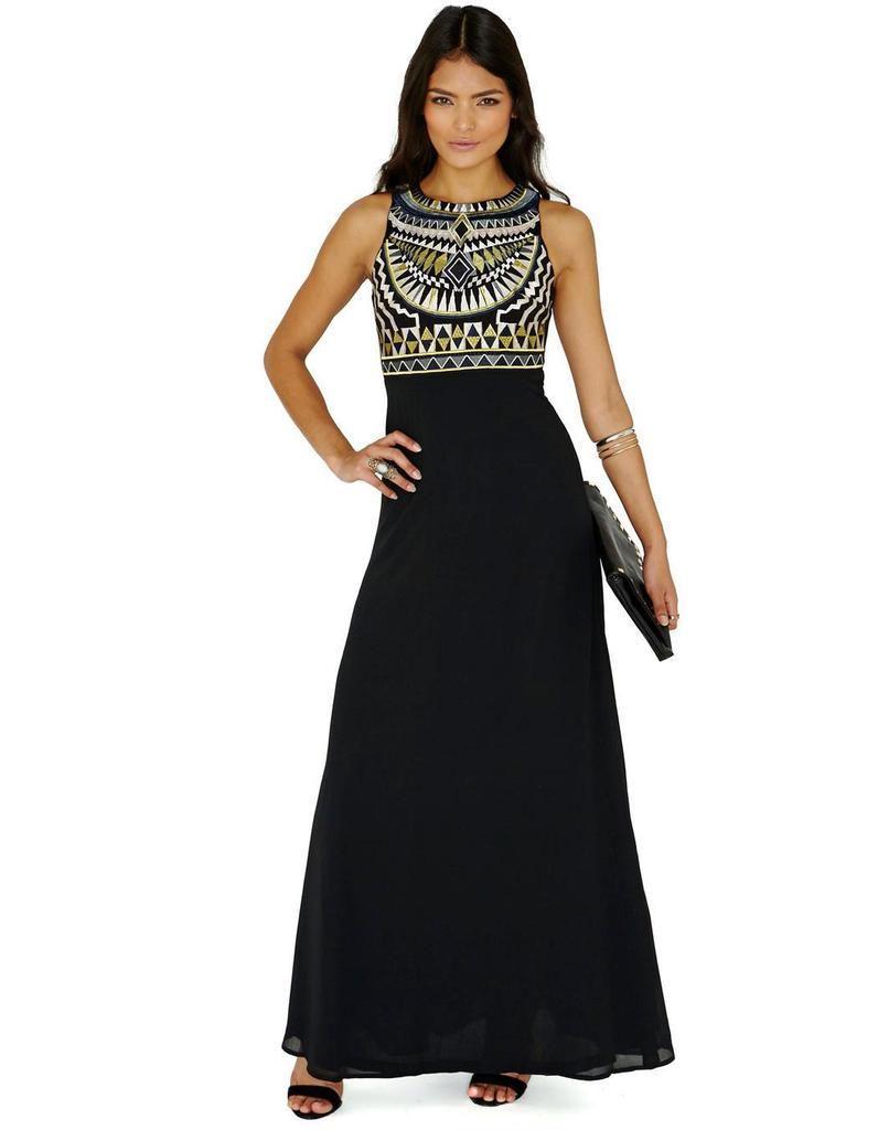 Elegant Women Round Neck Sleeveless Geometric Print Chiffon Dress Long Floor Length Stylish Casual Attire