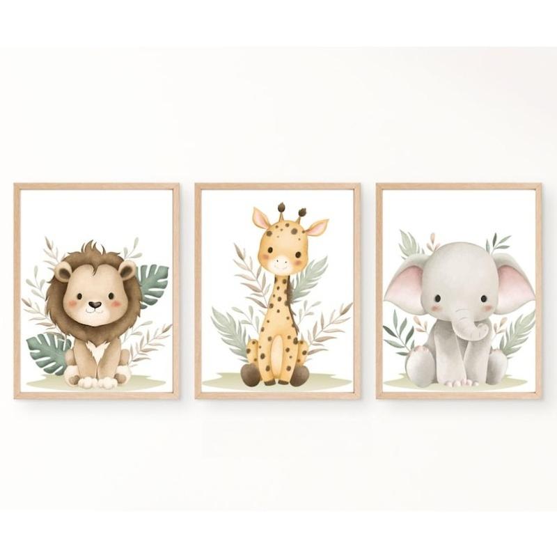 3pcs/set Safari Nursery Canvas Printing Lion Giraffe & Elephant Neutral Jungle Animal Wall Art Poster for Modern Home Decor Gift