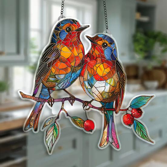 Bird Suncatcher Stained Glass Hummingbird Window Hanging Ornament for Home Wall Garden Decor Bird Lover