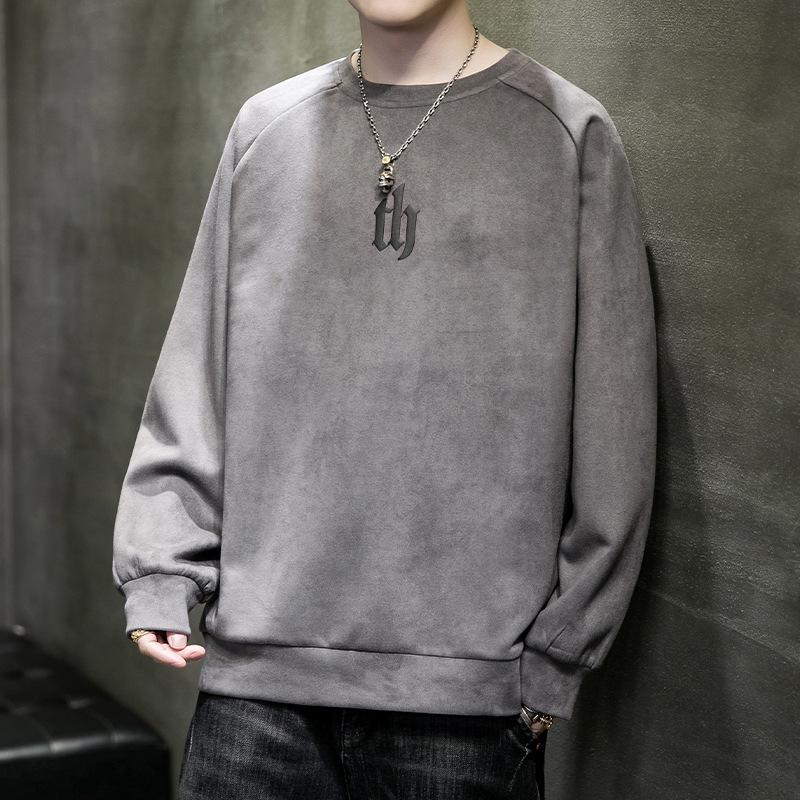 Hanorac din piele intoarsa pentru barbati, noua marca la modă, cămașă largi de primăvară cu fundul casual, top, tricou cu mâneci lungi pentru bărbați