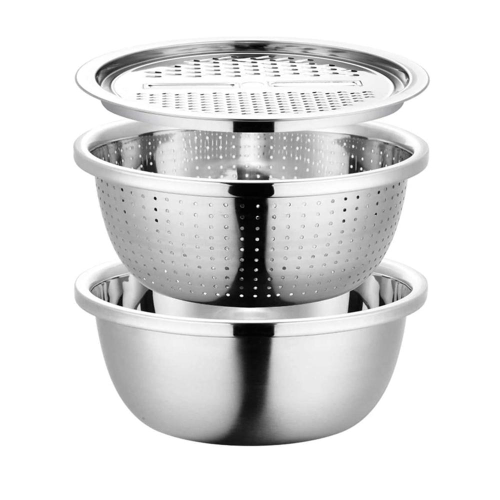 Multifunctional 3-in-1 Colander with Bowl Grater Stainless Steel Strainer Drain Basket Salad Slicer