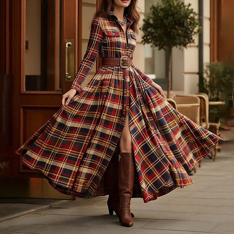 2026 Spring Women's Retro Plaid French Slimming Dress with Irregular Design