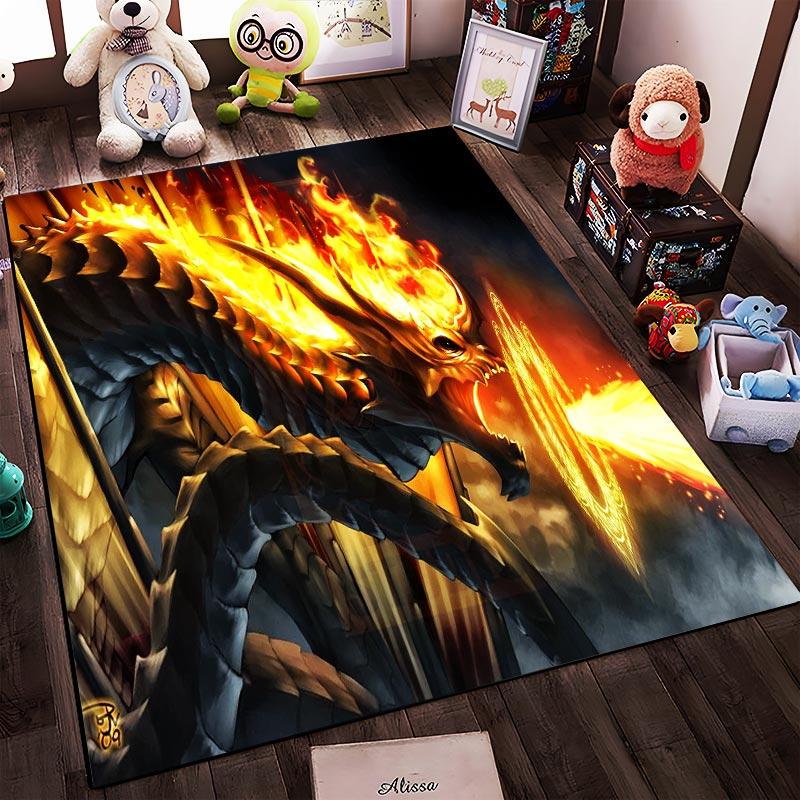 Fiery Dragon Artwork Printed Carpet with Flame Graphic Design In Fantasy Style Suitable for Use As an Anti-slip1 For1room and Bedroom Sofas