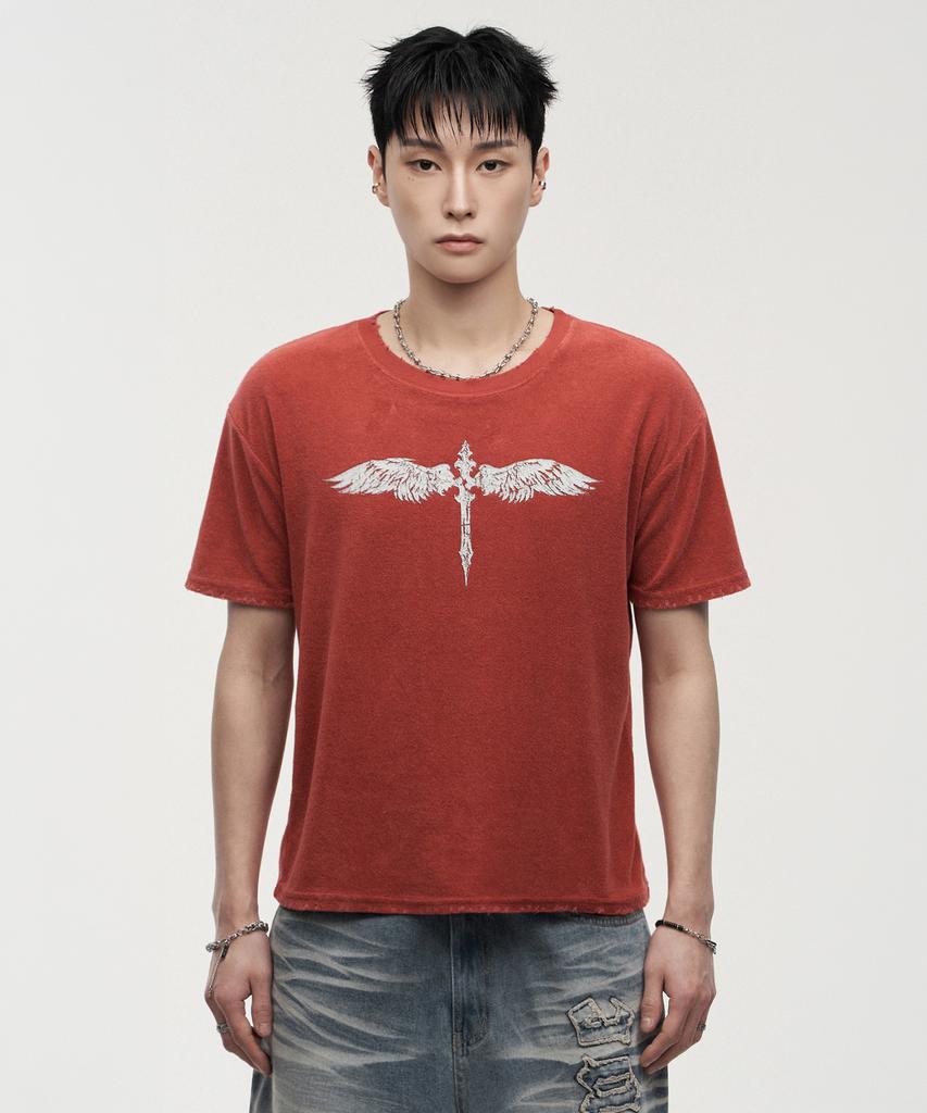 LANARCHIVE [0138] Antique Cross Wing Short Sleeve T-Shirt - Red