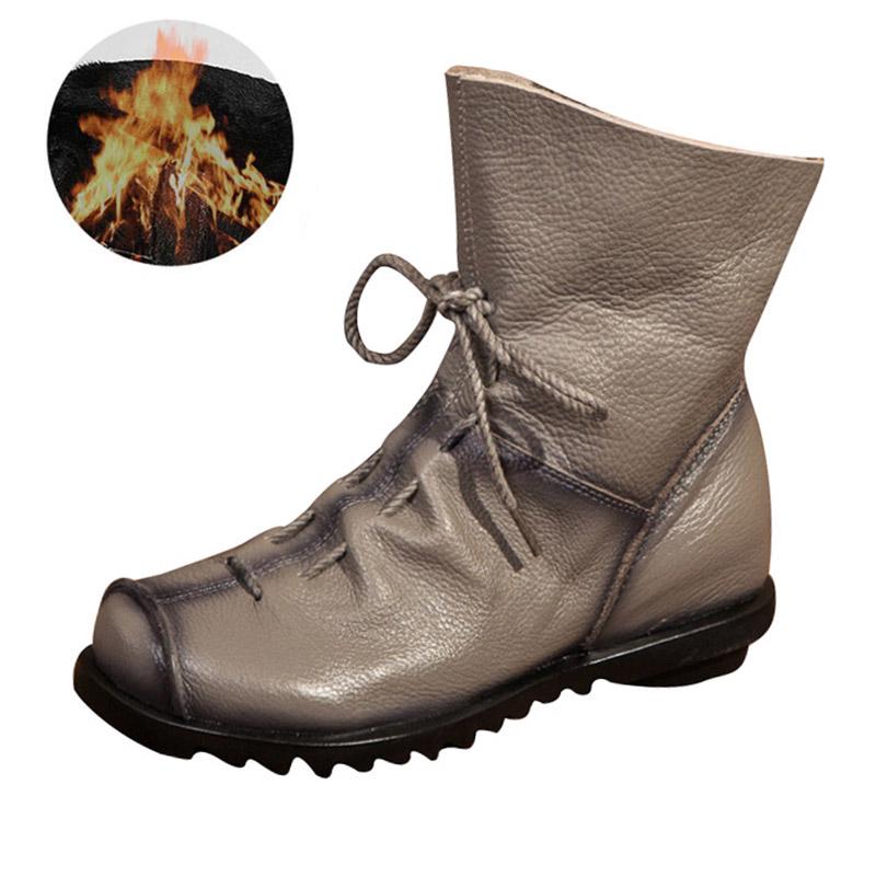 Women Ankle Boots Lace Up Vintage Genuine Leather Shoes Female Plus Size Platform Flat Winter Boot Warm Woman Footwear812