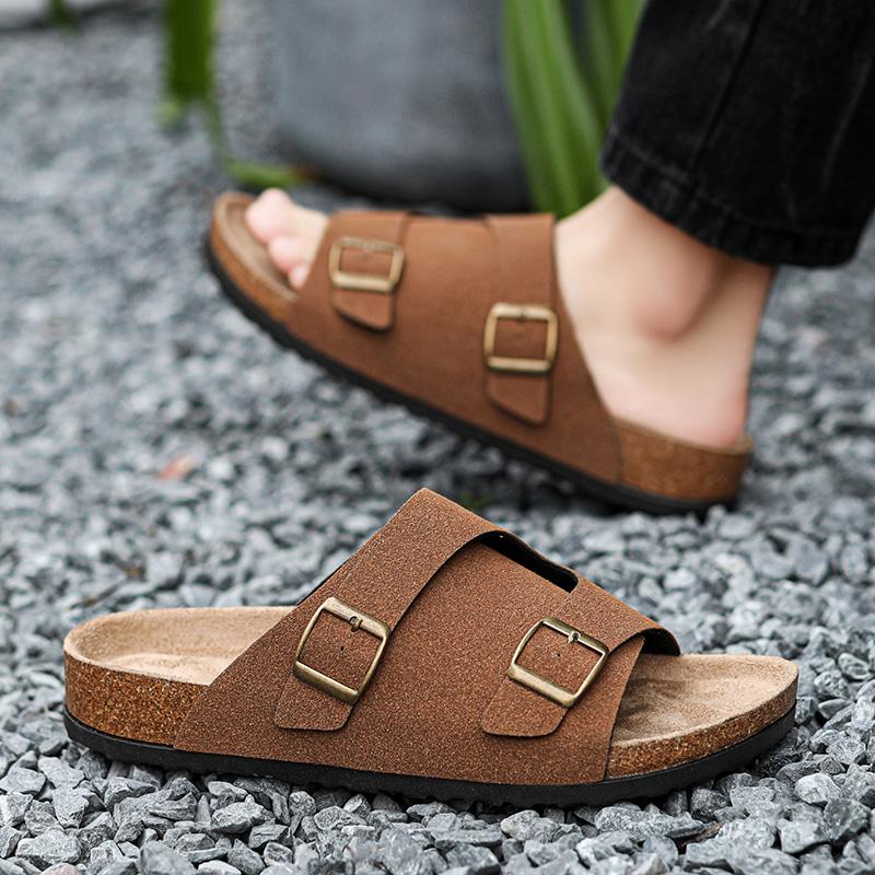 New Men Breathable Slippers Nu'buck Leather Outside Sandals Quality Beach Slippers Casual Slide Mens Shoes Couple Outdoor Summer