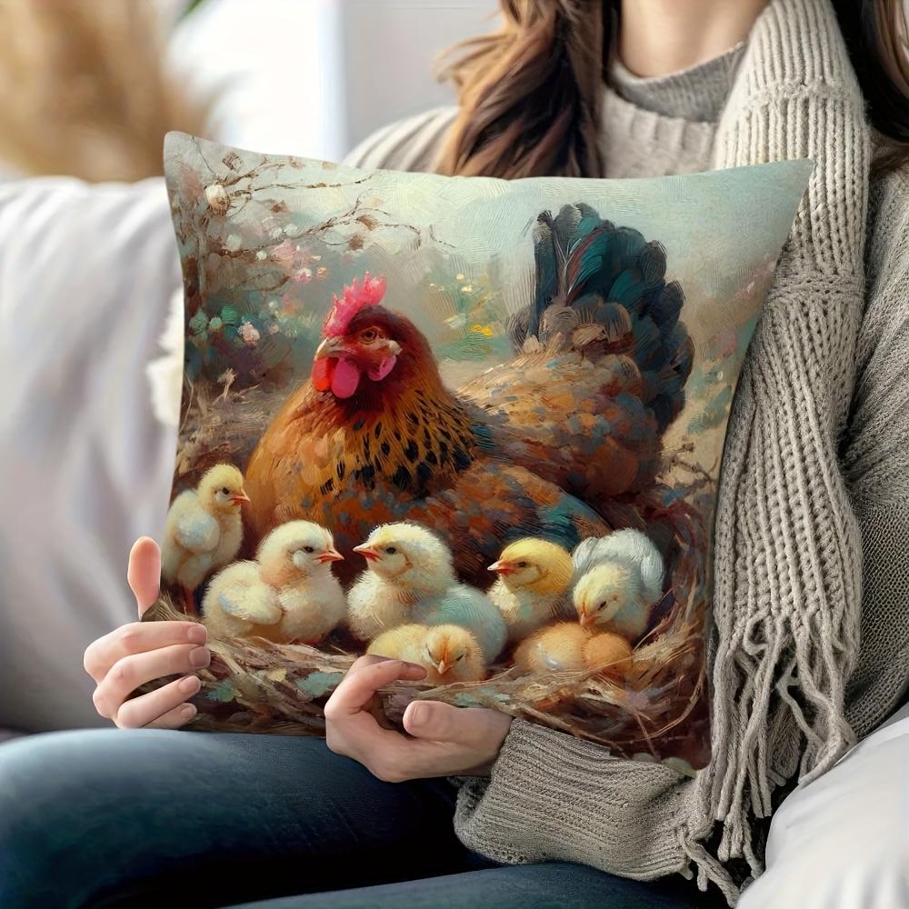1Pc Country Chicken Coop And Chicks Pattern | Single-Sided Print Decorative Cushion Cover, 17.72Inch×17.72Inch