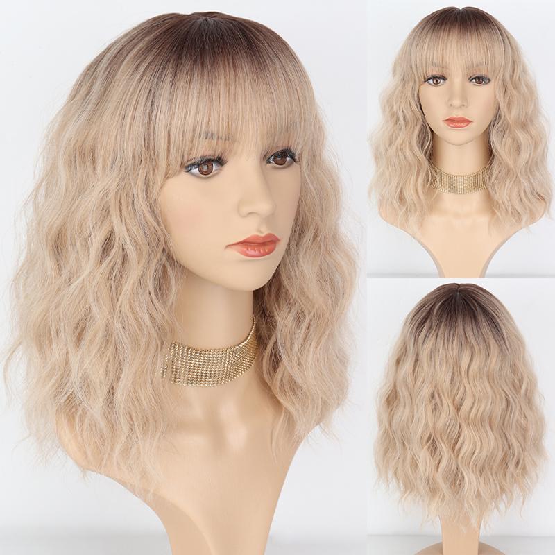 MISSQUEEN Perruque Bob longue ondulée Orange pour femmes, perruque en Fiber synthétique avec frange, tenue quotidienne de Cosplay, courte